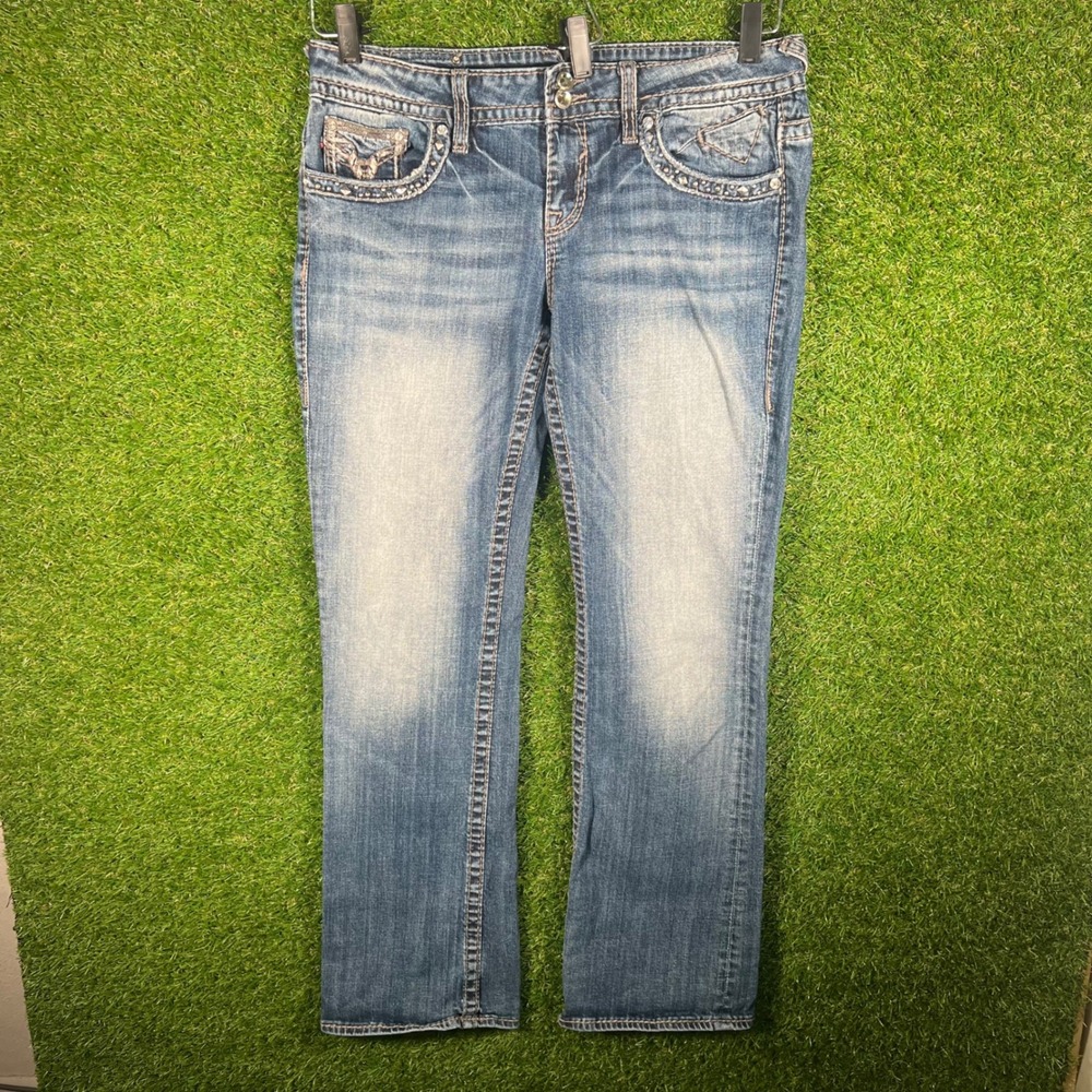 Vigoss Womens Blue Embellished Bootcut‎ Jeans Size 11/12 Rhinestone Flap Pocket